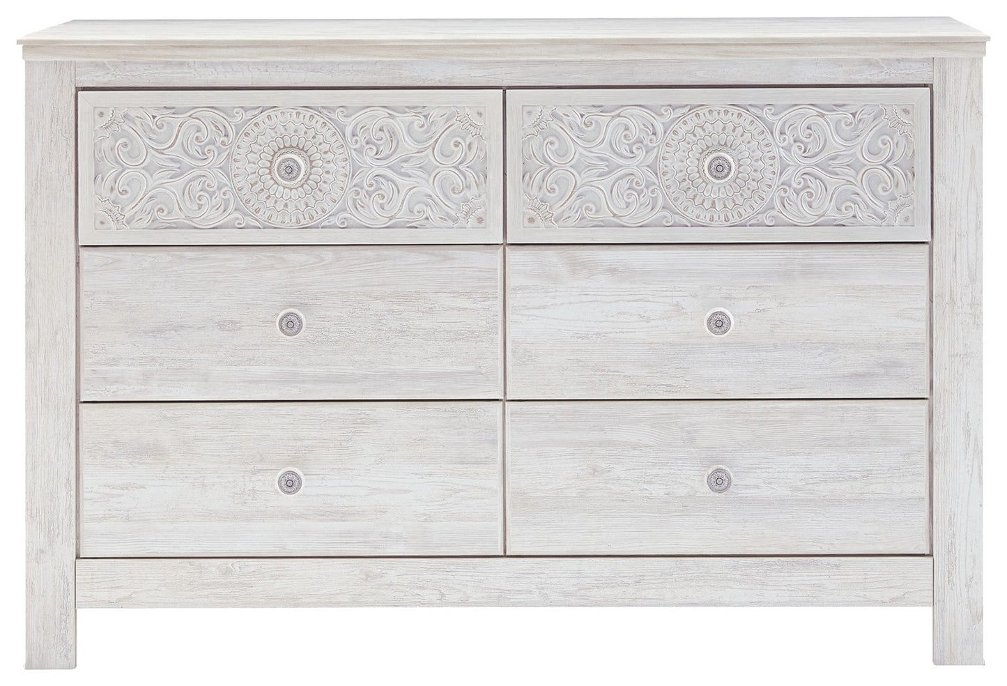 Paxberry - Six Drawer Dresser - Medallion Drawer Pulls - Whitewash