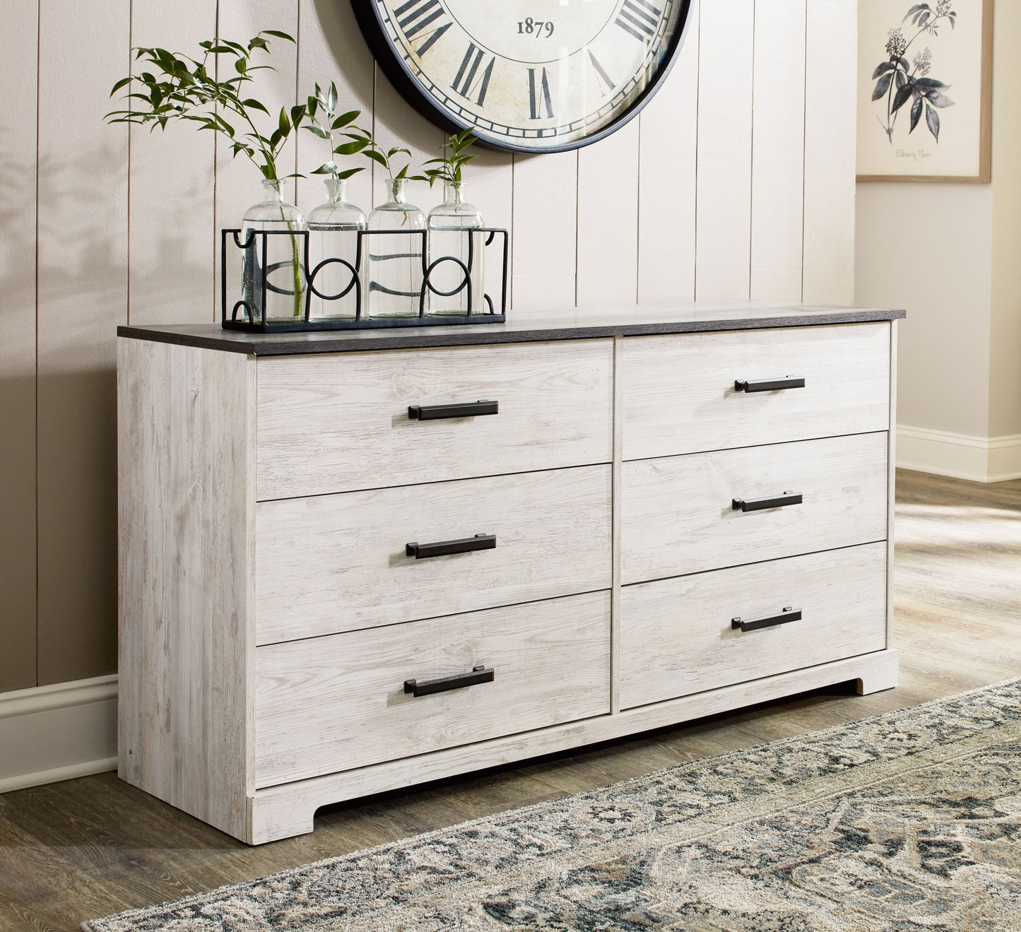 Shawburn - Six Drawer Dresser - Pewter-tone pulls - White / Black / Gray