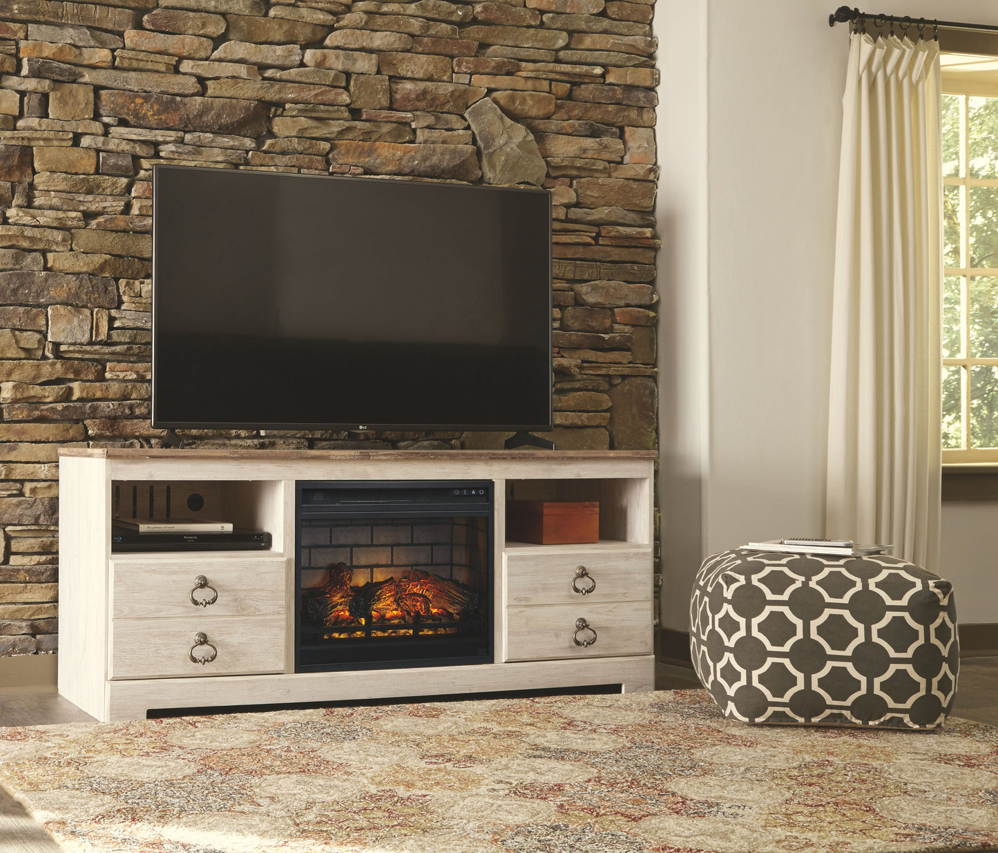 Willowton - 2 Pc. - 64" TV Stand with Faux Firebrick Fireplace Insert - Whitewash