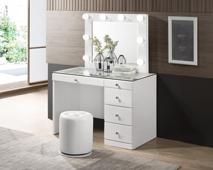 Morgan - Vanity Desk With Glass Top, LED Luxo Mirror & Stool - White