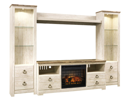 Willowton - Entertainment Center - TV Stand With Faux Firebrick Fireplace Insert - Whitewash
